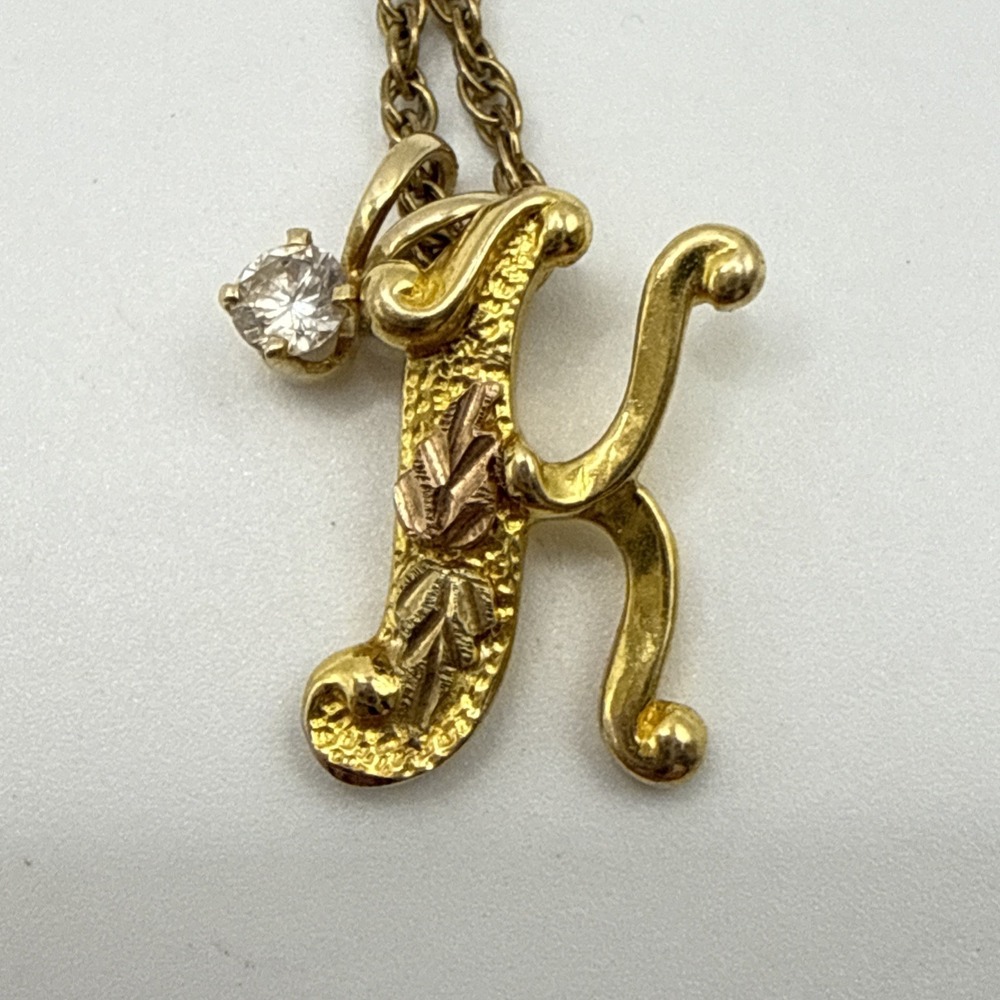 Vintage Coleman Black Hills Gold 10K 12K Initial K Pendant Necklace Diamond GF